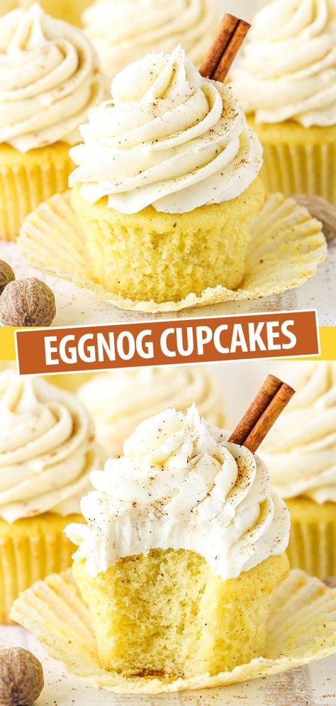 Eggnog Desserts, Eggnog Frosting, Boozy Cakes, Eggnog Buttercream, Cake Pucks, Eggnog Cupcakes, Eggnog Dessert, Classic Eggnog, Eggnog Recipes