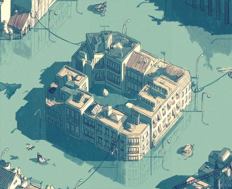 Juan Esteban Rodríguez Isometric Landscape, Flooded City, Architecture Watercolor, Pixel Art Landscape, Infinite Art, Isometric Drawing, Landscape Model, Isometric Art, Spaceship Art