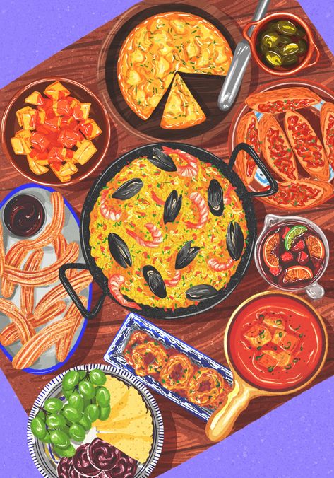 Spanish Dinner Table, Table Full Of Food, Traditional Spanish Dishes, Spanish Dinner, America Food, Spain Food, Spanish Tapas, Food Illustration Art, Food Painting