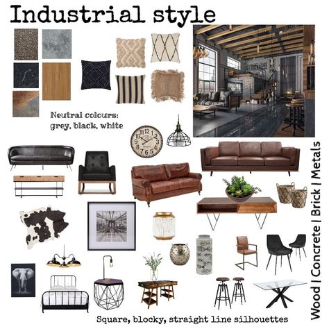 Industrial Mood Board, Modern Industrial Living Room, Industrial Decor Living Room, Industrial Living Room Design, Masculine Living Rooms, Ruang Tv, Living Room Industrial, Industrial Room, Modern Industrial Decor