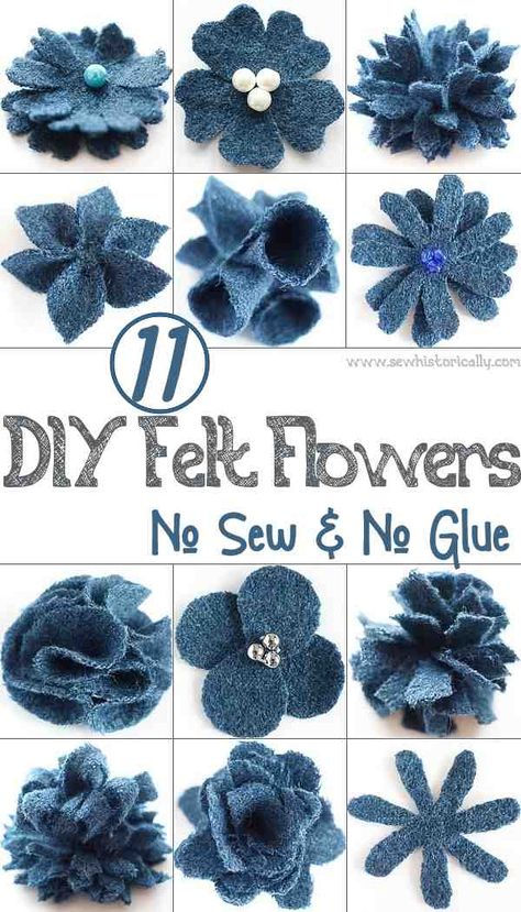 11 DIY Felt Flowers - No Sew & No Glue - Sew Historically Felt Flowers Patterns Printable, Wool Felt Flowers, Felt Crafts No Sew, Sewing Flowers On Clothes, No Sew Felt Crafts, No Sew Fabric Flowers, Flowers On Clothes, Diy Felt Flowers, Sewing Flowers