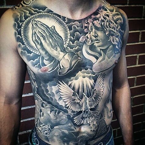 Praying Hands And Dove Stomach Tattoo Ideas For Men Light Shading Tattoo Sleeve, Stomach Tattoo Designs, Mens Stomach Tattoo, Tattoos Torso, Abdomen Tattoo, Herren Hand Tattoos, Lower Stomach Tattoos, Praying Hands Tattoo, Stomach Tattoo