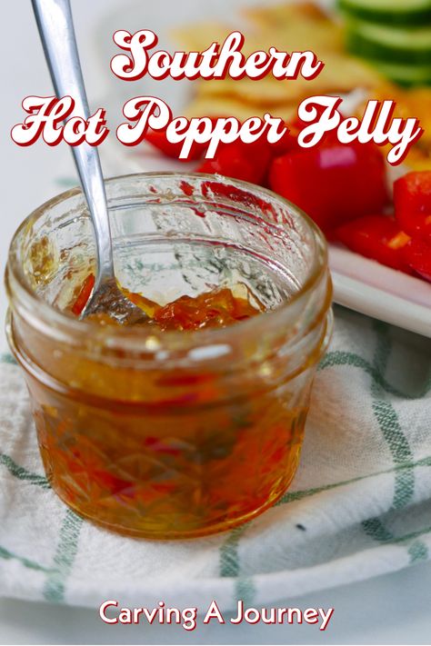 Hot Pepper Jelly is a southern favorite. Made from a mixture of bell peppers and hot peppers, it is both sweet and hot. Typically southerners serve hot pepper jelly on top of cream cheese as an appetizer. It can also be used as a marinade, spread on toast, added to grilled cheese, and more! #southernrecipes #hotpepperjelly #jelly Hot Pepper Jelly Recipe No Pectin, Pepper Jellies, Hot Pepper Jelly Recipe, Pepper Ideas, Canning Hot Peppers, Pepper Jelly Recipe, Hot Pepper Relish, Pepper Jelly Recipes, Canning 101