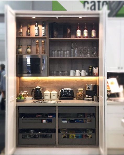 Pantry Larder, Bar Cupboard, Kitchen Larder Cupboard, Reno Kitchen, Nook Kitchen, Snow Valley, Kitchen Appliance Storage, Clever Kitchen Storage, Appliance Garage