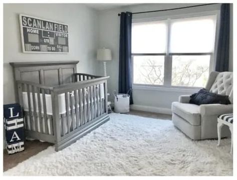 Leaning toward a sports theme nursery? Gray will make it chic. This family created a personalized “scoreboard” to hang above the crib, which is a creative and not-cheesy way to bring the baseball theme home. Football Nursery, Nursery Gray, Grey Nursery Boy, Grey Crib, Sports Nursery, Baby Boy Nursery Ideas, Room Boy, Baby Nursery Inspiration, Boy Nursery Ideas