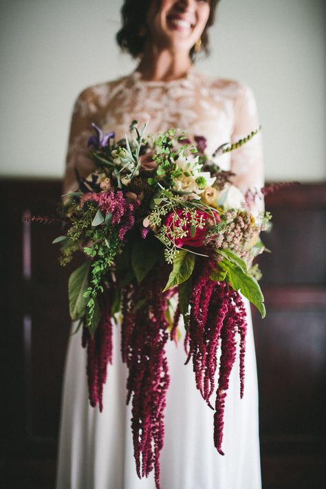 Cascading Red Amaranthus Bouquet Amaranth Flower Arrangement, Amaranthus Bouquet, Red Amaranthus, Sparkly Wedding Cakes, Amaranth Flower, Bohemian Wedding Bouquet, Yellow Wedding Cake, Fairytale Wedding Theme, Cascading Wedding Bouquets