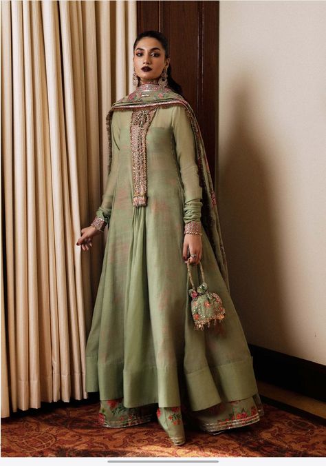 Silk Frocks For Women Pakistani, Frocks For Women Pakistani, Silk Frocks For Women, Punjabi Dress Design, Hussain Rehar, Printed Sharara, Evening Reception, Pistachio Color, Indian Kurti Designs