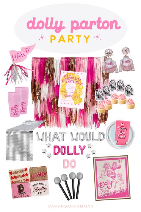 Dolly Parton 40th Birthday, Nashville Party Ideas, Dolly Parton Second Birthday, Dolly Parton Party Favors, Dolly Themed Party, Dolly Parton 30th Birthday, Dolly Christmas Party, Dolly Parton Party Games, Dolly Parton Birthday Party Decorations