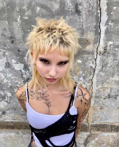 Spiky Mullet Women, Female Punk Hair, Punk Women Hair, Mullets Straight Hair, 70s Shag Mullet, Platinum Blonde Mullet, Punk Mullet For Women, Short Punk Hair Women, Women’s Mullet