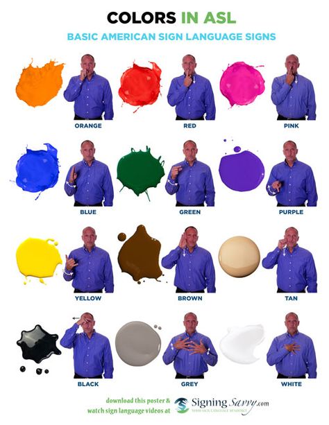 Colors in American Sign Language (ASL) Asl Colors, Sign Language Colors, Sign Language Lessons, Sign Language Phrases, Birth Colors, Sign Language Interpreter, Sign Language Words, British Sign Language, Asl Learning