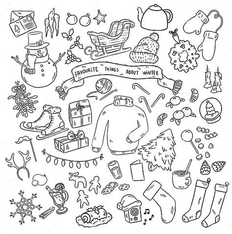 Christmas Doodles Set. Winter Favourites. Vector Stickers Illustration Stock Vector - Illustration of doodles, gift: 144113341 Snow Doodles Winter, Winter Doodles Aesthetic, January Doodles, December Doodles, Xmas Doodles, Cartoon Globe, Winter Doodles, Holiday Doodles, New Year Doodle