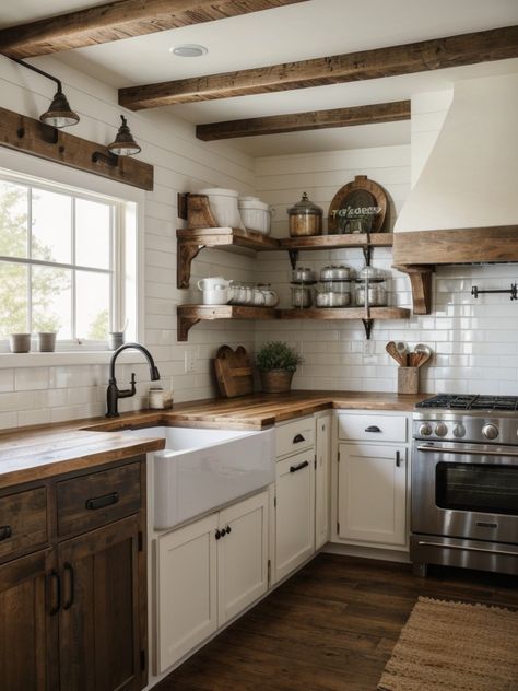 The Bold and Beautiful: Mediterranean Kitchen Inspiration | aulivin.com Traditional Farmhouse Kitchen, Mediterranean Kitchen Design, Makeover Kitchen, Shelves Kitchen, Mediterranean Kitchen, Casa Country, Inspiration Kitchen, Farmhouse Kitchen Design, Rustic Farmhouse Kitchen