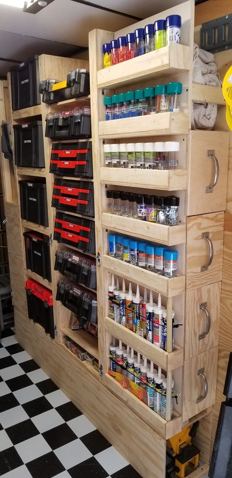 Cargo Van Tool Storage Ideas, Electrical Tool Storage Ideas, Van Tool Organization, Tool Storage Trailer, Trailer Shelf Ideas, Workshop Shelving Ideas, Vertical Tool Storage, Work Trailer Shelving Ideas, Trailer Ideas Organizing