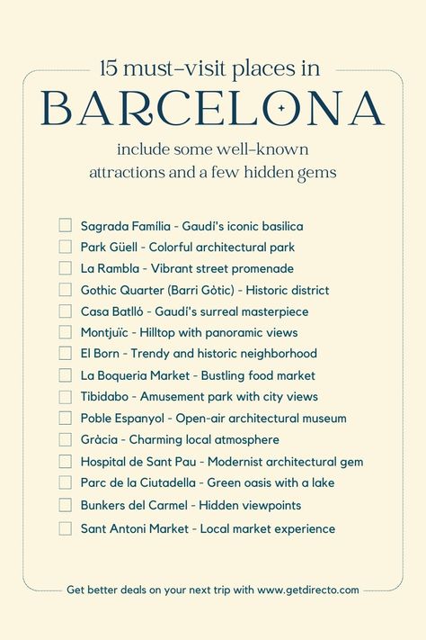 Discover the 15 Iconic Places to Visit in Barcelona. Save for your next trip! Barcelona Travel Checklist, Places To Visit In Barcelona Spain, Barcelona In January, Barcelona Spain Travel Itinerary, Places To Go In Barcelona, Barcelona Weekend Trip, Barcelona To Do List, Barcelona Trip Things To Do, Barcelona Must Do