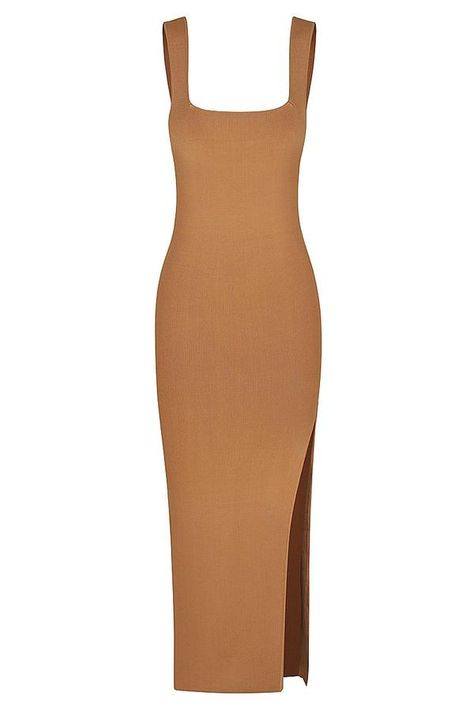 Brown Fitted Mini Dress With Square Neck, Beige Square Neck Midi Dress, Therapist Style, Fitted Beige Ribbed Dress, Tan Clothes, Fitted Beige H&m Dress, Fitted Ribbed Brown Dress, Virtual Wishlist, Basic Dresses