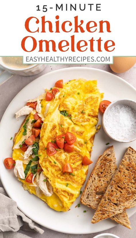 This shredded chicken omelette is packed with protein and fresh veggies! These fluffy eggs are cooked to perfection. Chicken omelettes are a great breakfast, brunch, or even dinner option and it only takes 15 minutes to put together! Chicken Omelette Recipe, Chicken Omelette, Shredded Cooked Chicken, Omelette Recipes, Omlet Recipes, Recipes For Meal Prep, Breakfast Omelette, Egg Omelette, Chicken Dinner Ideas