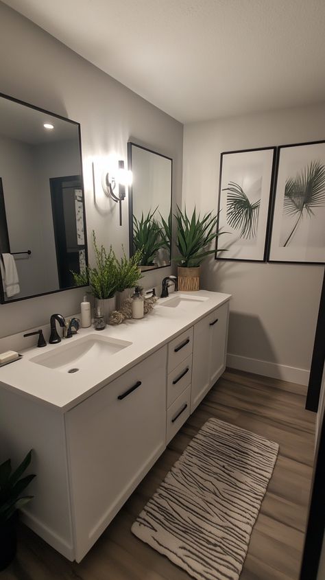 Embrace harmony with a Libra-inspired zen bathroom 🌿✨. Balanced colors and a symmetrical layout create serenity. Enjoy a spacious double vanity and peaceful artwork 🎨. Plant accents add a touch of nature, promoting tranquility in your personal oasis 🛁💚. Perfect for relaxation! Bathroom Decor For Two Sinks, His Hers Sinks Bathroom Ideas, His And Her Sink Decor Ideas, His And Hers Bathroom Ideas, Two Sinks Bathroom Ideas, His And Her Bathroom Ideas Decor, Double Vanity Decor, Spa Guest Bathroom, Bathroom Decor Double Sink