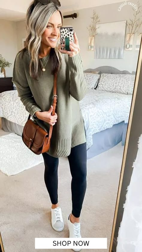 Legging Friendly Sweaters! How to Style a Sweater with Leggings. Ways To Style Black Leggings, Out For Dinner Outfit, Black Leggings Outfit Winter, Cute And Comfy Outfits, Winter Outfits Casual Leggings, Sweater With Leggings, Mom Outfits Winter, Leggings Outfit Spring, Sweater Leggings Outfit