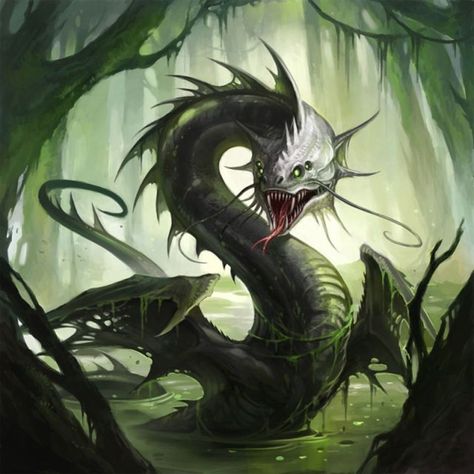 A fantasy artwork depicting a swamp serpent with wings. Swamp Creature, Fantasy Beasts, Monster Concept Art, Fantasy Monster, Fantasy Creatures Art, Dragon Artwork, Mythical Creatures Art, Mythological Creatures, Creature Concept Art