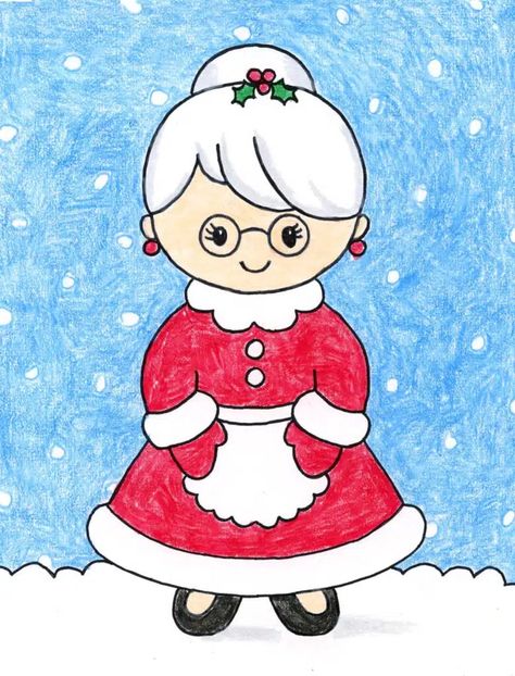 Easy How to Draw Mrs. Claus Tutorial & Mrs. Claus Coloring Page How To Draw Mrs Claus, Mr And Mrs Santa Claus Paintings, Mr And Mrs Claus Drawing, Mrs Santa Claus Drawing, Mrs Claus Coloring Pages, Mrs Claus Illustration, Mrs Claus Drawing, Easy Santa Drawing, Christmas Pebble