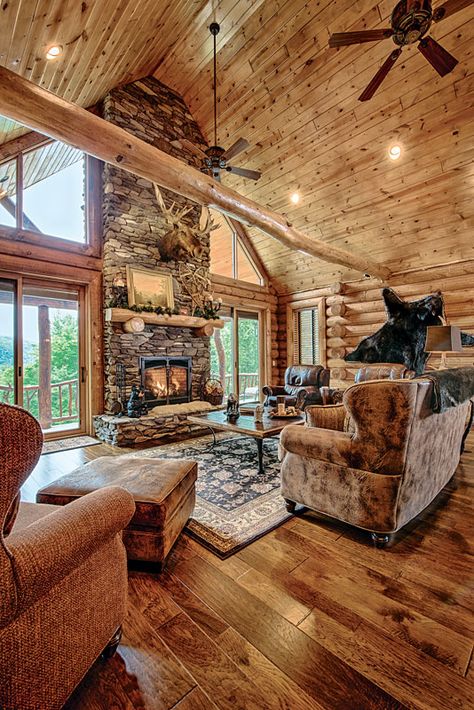 Great-Room-Unique-Wood-Flooring-Fireplace-Flat-Feature-Wall-Interior-Dowell-(Golden-Eagle-Log-Homes)-4 Log Home Interiors, Log Cabin Homes Interior, Log Cabin Interior Design, Cabin Homes Interior, Cabin Interior Design, Log Cabin Living, Log Cabin Interior, Log Home Living, Log Cabin Ideas