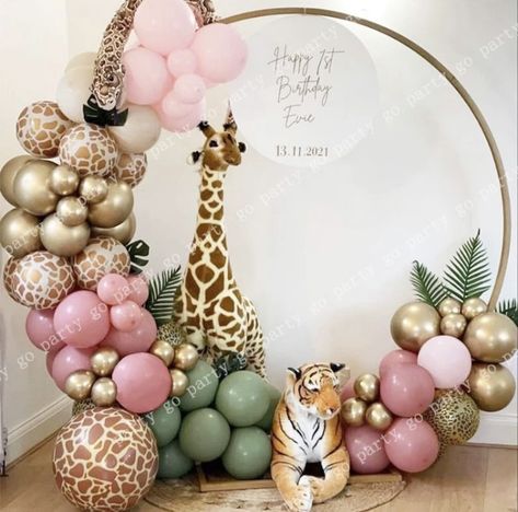 Wild One Theme Party, Pink Safari Balloon Garland, Animals Birthday Decoration, Jungle Balloon Arch Safari Theme, Party Animal Birthday Theme Backdrop, Jungle Birthday Balloons, Party Animal Balloon Arch, Animals Decoration Party, Safari Theme Second Birthday