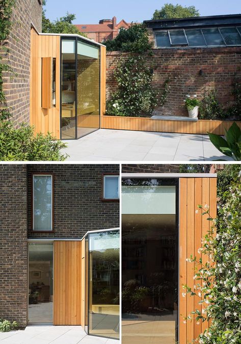 This modern home office design is a spacious and light filled extension that features a folding facade of glass and oak, while inside there's custom designed bookshelves and two desks. #HomeOffice #HomeOfficeDesign #Architecture Home Office Extension, Small Glass Extension, Office Extension, Two Desks, Modern Home Office Design, Small Extension, Architecture Lifestyle, Building Extension, House In London