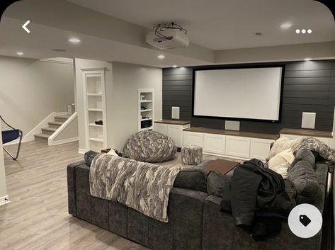 Walk Out Basement Family Room Ideas, Theater Built Ins, Downstairs Room Ideas Basements, Tv In Basement Ideas, Basement Remodel Built Ins, Tv Room In Basement, Basement Built Ins With Projector, Basement Tv Accent Wall, Basement Hang Out Space