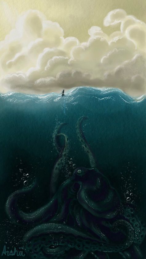 “I always feared the giants below us, always watching, always waiting” Fear Of Ocean Drawing, Scary Ocean Drawings, Scary Ocean Art, Sea Monster Painting, Phobia Of Ocean, Thalassophobia Drawing, Thalassophobia Art, Fear Of Ocean, Giants Drawing