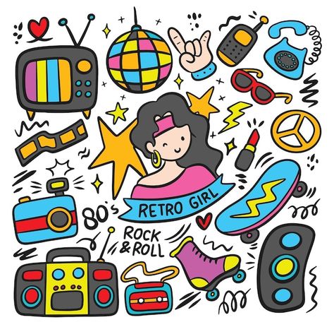 80s trend related object retro style fas... | Premium Vector #Freepik #vector #sketch #object #hand-drawn-sketch #hand-drawn-illustration Sketch Object, Retro Style Fashion, 80s Trends, Retro Girls, Vector Sketch, Cute Doodles Drawings, Doodle Illustration, 80s Retro, Doodle Drawings