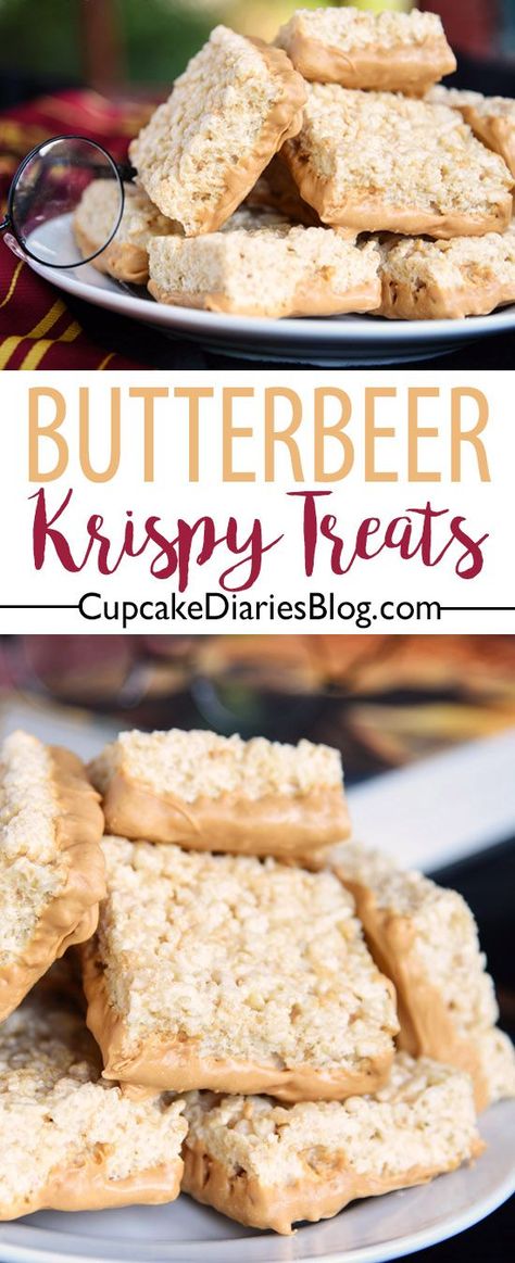 This is the treat for Harry Potter fans! Butterbeer Krispy Treats are so chewy and full of that butterbeer flavor. Perfect for a Harry Potter party! Party Halloween Food, Harry Potter Snacks, Butterbeer Recipe, Harry Potter Food, Festa Harry Potter, Krispy Treats, Cereal Treats, Rice Crispy Treats, Harry Potter Theme