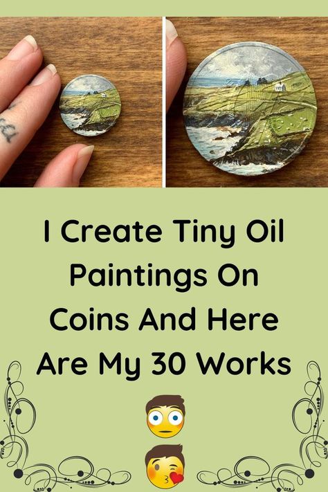 Painting On Coins, Coin Painting Ideas, Miniature Paintings Ideas, Miniature Oil Paintings, Tiny Oil Paintings, Tiny Paintings Ideas, Miniature Painting Ideas, Coin Painting, Miniature Landscape Painting