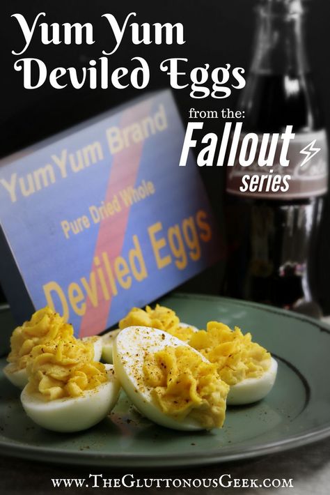 This recipe for Yum Yum Deviled Eggs from Fallout 4 is a perfect appetizer for any gathering whether you are entertaining in the Commonwealth or in New Vegas. Recipe by The Gluttonous Geek. Fallout Themed Dinner, Fallout Food Ideas, Fallout 4 Recipes, Fallout 4 Birthday Ideas, Fallout Party Food, Fallout Food Recipe, Video Game Food Recipes, Nerd Desserts, Fallout Party Ideas