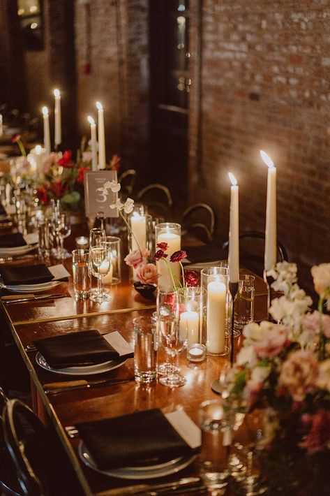 Julia and Andrew's reception tables are adorned with romantic flowers and candles for their wedding at The Wythe Hotel in Brooklyn, NY. Candle Reception Decor, Dear September, Moody Tablescape, Wedding Reception Candles, Candles Reception, September Events, Candle Table Centerpieces, Flowers And Candles, Wythe Hotel