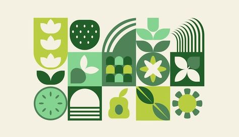 Vector bauhaus plants natural geometric ... | Premium Vector #Freepik #vector Flower Geometric Design, Sustainability Graphic Design Ideas, Shape Patterns Design, Nature Packaging Design, Bauhaus Packaging, Plant Branding, Natural Moodboard, Geometric Branding, Geometric Packaging