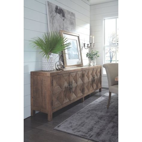 Elani 4-Door Geometric Sideboard Buffet by Kosas Home - 103.5Wx19Dx34H - Bed Bath & Beyond - 37452775 Sideboard Decor Dining Room, Sideboard Modern, Pine Shelves, Sideboard Decor, Sideboards Living Room, Dining Room Sideboard, Hammered Iron, Iron Hardware, Reclaimed Pine