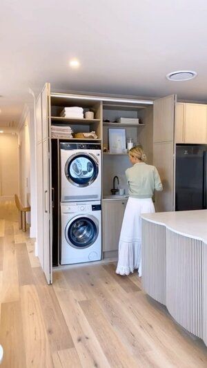 LAUNDRY GOALS: WHERE FORM MEETS FUNCTION — THREE BIRDS RENOVATIONS Euro Laundry, Hidden Laundry Rooms, Laundry In Kitchen, European Laundry, Laundry Cupboard, Stacked Laundry Room, Hidden Laundry, Three Birds Renovations, Dream Laundry Room