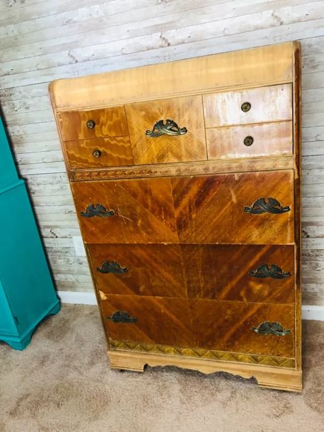 Waterfall Makeover to the Rescue. | Hometalk Waterfall Chest Makeover, Diy Upholstery Cleaner, Waterfall Dresser, Craftsman Style Doors, Restored Furniture, End Table Makeover, Art Deco Dresser, Resin Countertops, Pallet House