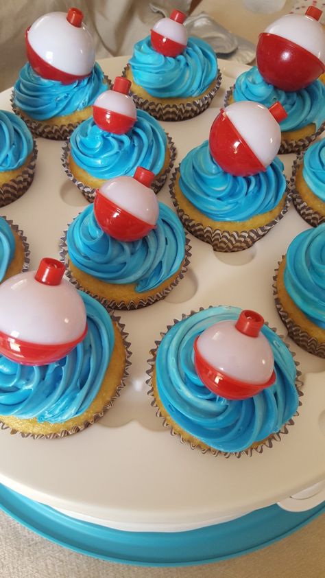 Bobber Birthday Party, Fishing Themed Sheet Cake, Fishing 1st Birthday Party Cake, Officially One Cupcakes, Bobber Birthday Cake, Fishing Theme Cupcakes Boy Birthday, Fishing Party Cupcakes, Fishing Bobber Cupcakes, Cupcakes Fishing Theme