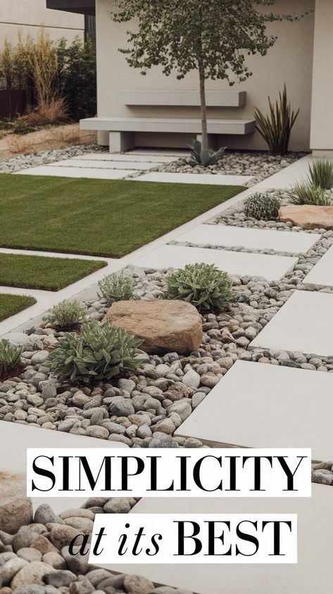 Simplify your outdoor space with these stunning Low Maintenance Landscaping Front Yard ideas! From Minimalist Living Tips to the Minimalism Challenge, create a serene, easy-to-care-for garden that reflects Anti Consumerism values. Simplifying Life while still maintaining a beautiful home exterior, with Landscape Ideas Front Yard Curb Appeal that will make your neighbors envious. Less is more—let your yard reflect your Minimal Life approach! #gg #homedesigninsider #minimalistlandscaping Modern Minimalist Landscape Front Yards, Minimal Landscaping Front Yard, Minimal Front Yard Landscaping, Minimalist Landscaping Front Yard, Minimalist Landscape Design, 1950s House Interior, 1930 House Renovation, Exterior Landscape Design, Scandinavian Exterior