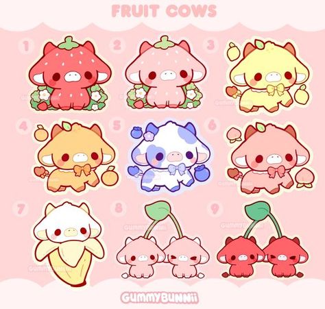 Fruit Cows Vinyl Sticker- Stickers - Cute - Decal cut - strawberry lemon cherry blueber #StickerCollector Fruit Cows, Strawberry Lemon, Vinyl Stickers, Cartoon Animals, Cow, Lemon, Cherry, Vinyl, Fruit