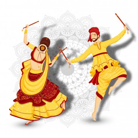 Character of couple dancing with dandiya sticks Premium Vector | Free Vector #Freepik #vector #freebackground #freebanner #freeflyer #freeposter Garba Images, Diwali Cupcakes, Rajasthani Pattern, Dandiya Sticks, Garba Dance, Ganesha Drawing, Dancing Drawings, White Mandala, Mandala Floral