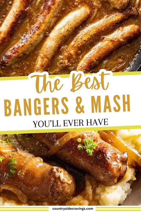 Savor The Best Bangers & Mash You'll Ever Have! Juicy sausages paired with creamy mashed potatoes and rich onion gravy make this a comforting classic you won't forget. Perfect for a hearty meal any day of the week. British Bangers, Bangers And Mash Recipe, Potatoes And Sausage, Sausage And Mash, Recipes Using Ground Beef, Skillet Dinner Recipes, Best Sausage, Mash Recipe, Bangers And Mash