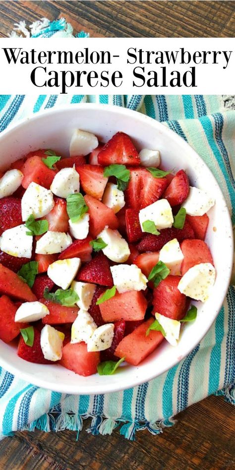 Watermelon Strawberry Caprese Salad recipe from RecipeBoy.com #watermelon #summer #strawberry #caprese #salad #recipe #RecipeBoy Watermelon Caprese Salad, Strawberry Caprese, Caprese Salad Recipe, Watermelon Strawberry, Simple Dressing, Mozzarella Salad, Watermelon Summer, Fresh Salad Recipes, Cooking Recipes Healthy