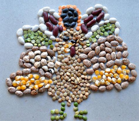 fun art project- great for thanksgiving Bean Mosaic, Pilgrim Crafts, Thanksgiving Arts And Crafts, Thanksgiving Art Projects, Fun Magazine, Harvest Crafts, Seed Art, Fall Art Projects, Thanksgiving Art