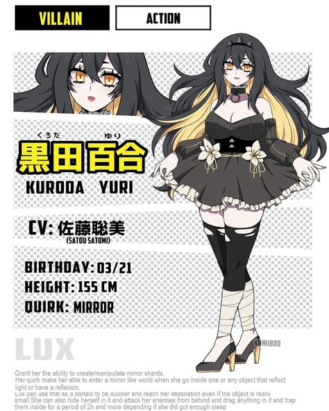 @kumiiboo shared a photo on Instagram: “{#bnhaoc} Yuri finally get a brand new reference sheet🕺✨ KURODA Yuri [黒田 百合] Alias "Lux" 黒 (kuro) ="black" +田 (ta) ="field" 百合 (yuri) =…” • Nov 19, 2020 at 6:06pm UTC My Hero Academia Costume, Kids Hero, Oc Manga, Hero Costumes, Buko No Hero Academia, Superhero Design, My Hero Academia Episodes, Anime Oc, Hero Academia Characters