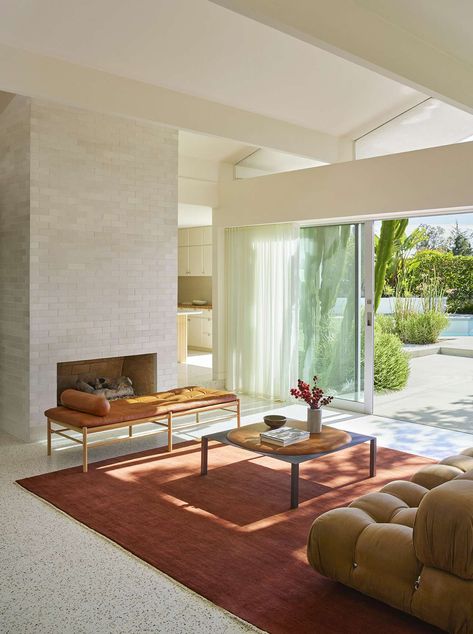 Custom-Mixed Terrazzo Floors Lay the Groundwork for the Glow Up of an L.A. Midcentury - Dwell Terrazzo Floor Tiles Living Room, Terrazzo Floor Living Room, Terrazzo Living Room, Terrazzo Flooring Living Room, Concrete Floors Living Room, Terrazzo Floor Tiles, Small Beach Houses, Tile Floor Living Room, Terrazzo Floor