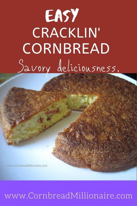 Savory.  Well seasoned crust.  Delicious.  Fried pieces of pork (aka cracklings) baked in cornbread.  Easy to make with precooked packaged cracklings that are fried before adding to cornbread batter. Crackling Cornbread Recipes, Crackling Cornbread, Buttermilk Corn Muffins, Cracklin Cornbread, Chitterlings Recipe, Colorful Corn, Chicken Leg Quarter Recipes, White Corn Meal, Cornbread Biscuits