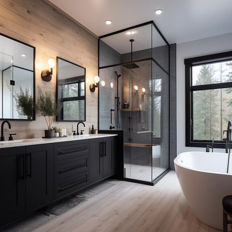 Prepare to be captivated by the striking allure of a stunning black designed modern farmhouse. Every element of this architectural… | Instagram Makeover Kamar Mandi, Large Bathroom, Bathroom Design Decor, Bathroom Remodel Designs, Bathroom Inspiration Decor, Dream House Rooms, Hus Inspiration, Hem Design, Dream House Interior