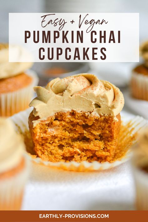 These Vegan Pumpkin Chai Cupcakes are well-spiced and quick to make. This is the perfect easy vegan dessert to make for Fall! Vegan Pumpkin Chai Cupcakes, Eggless Fall Desserts, Vegan Pumpkin Pie Cups, Vegan Fall Desserts Easy, Vegan Recipes With Pumpkin Puree, Vegan And Gluten Free Dessert Recipes, Vegan Pumpkin Spice Cupcakes, Vegan Fall Cupcakes, Vegan And Gluten Free Baked Goods